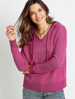 Maurices Cozy Pink V-Neck Popcorn Knit Hoodie Sweater Size Small